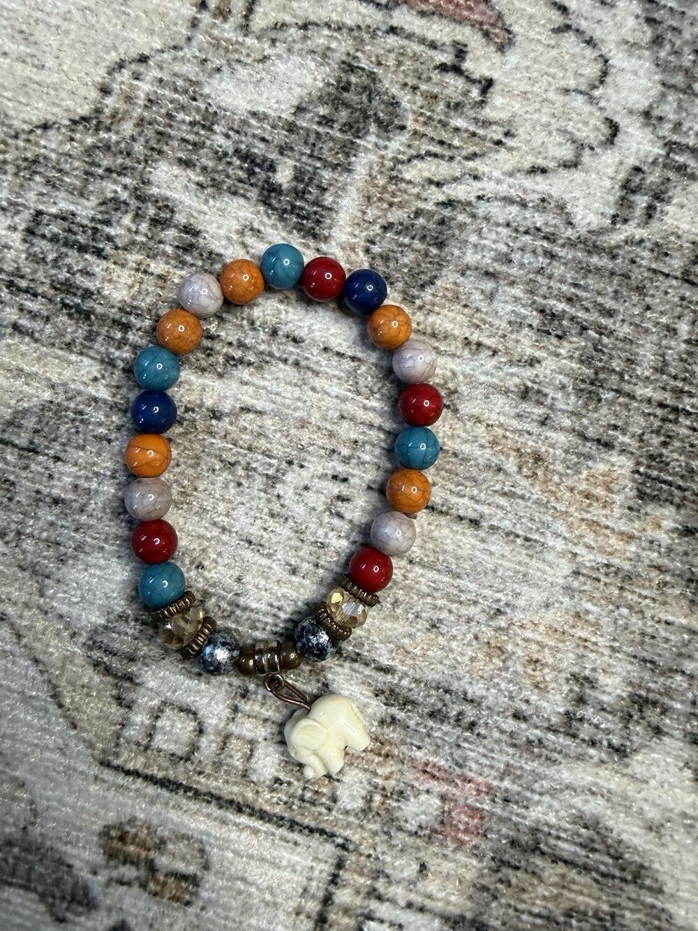 Colorful Stone Bead Stretch Bracelet with White Elephant Charm Boho Gypsy